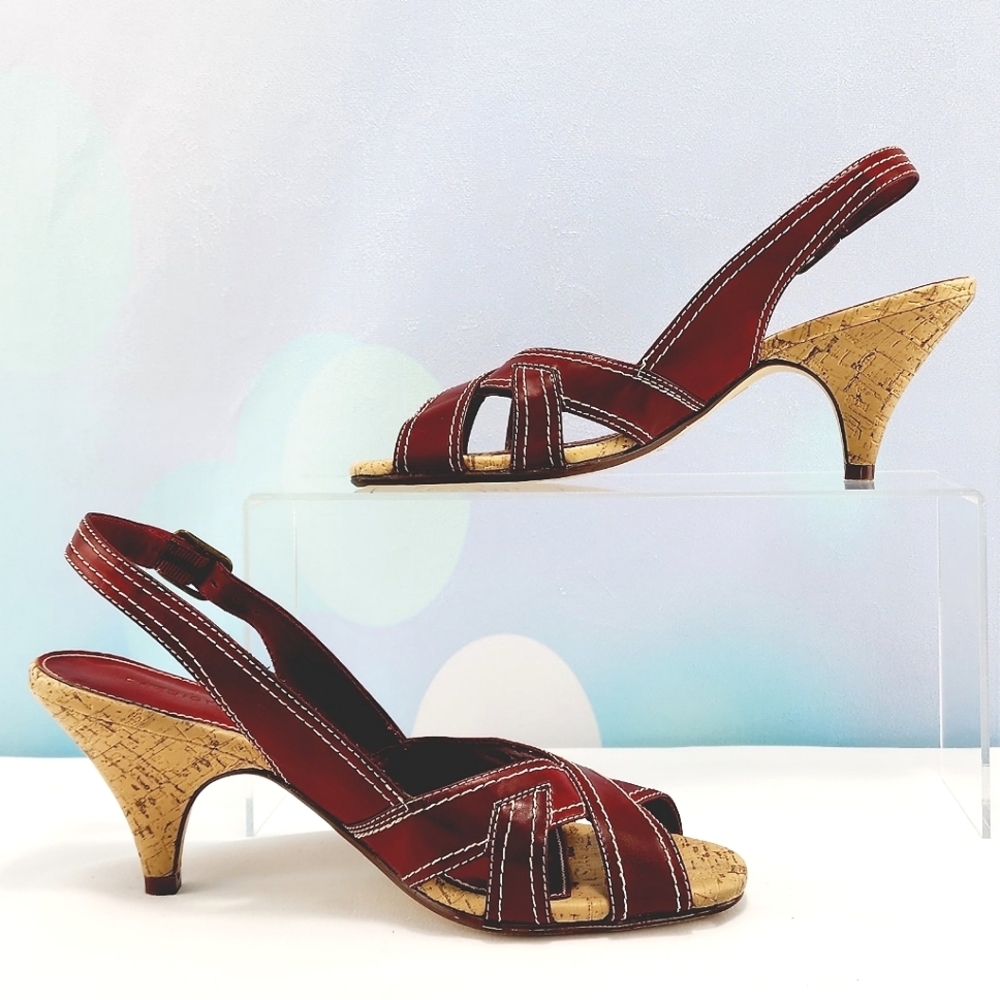 PREDICTIONS – Red wine sandal heels, peep-toe, approx. 2.75”, size 7